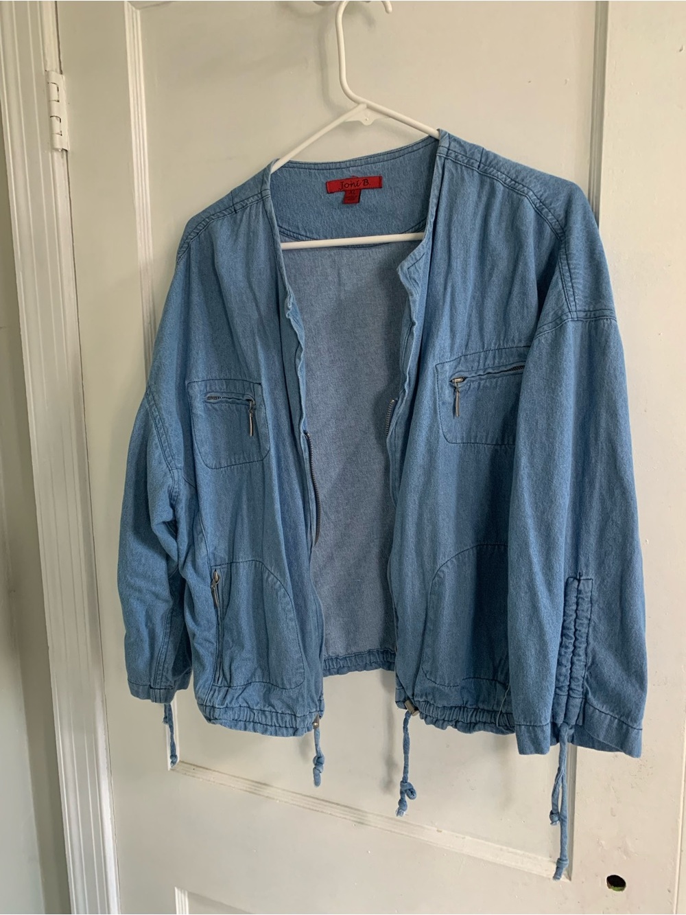 Joni B XL Chambray Denim Jacket Blue Lightweight Zip Pocket Drawstring Coat